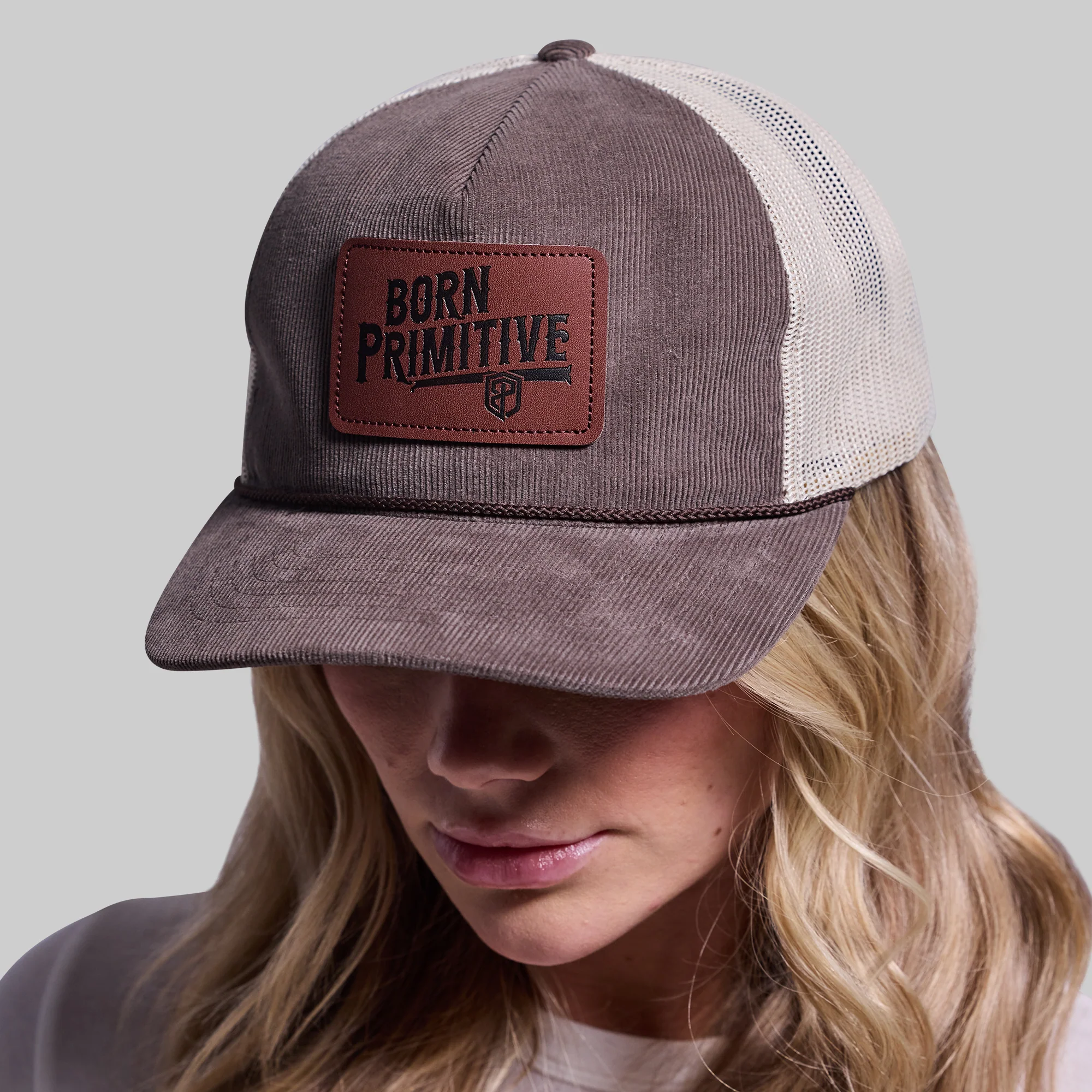Corduroy Leather Patch Trucker Hat (Brown/Sand) - Image 2