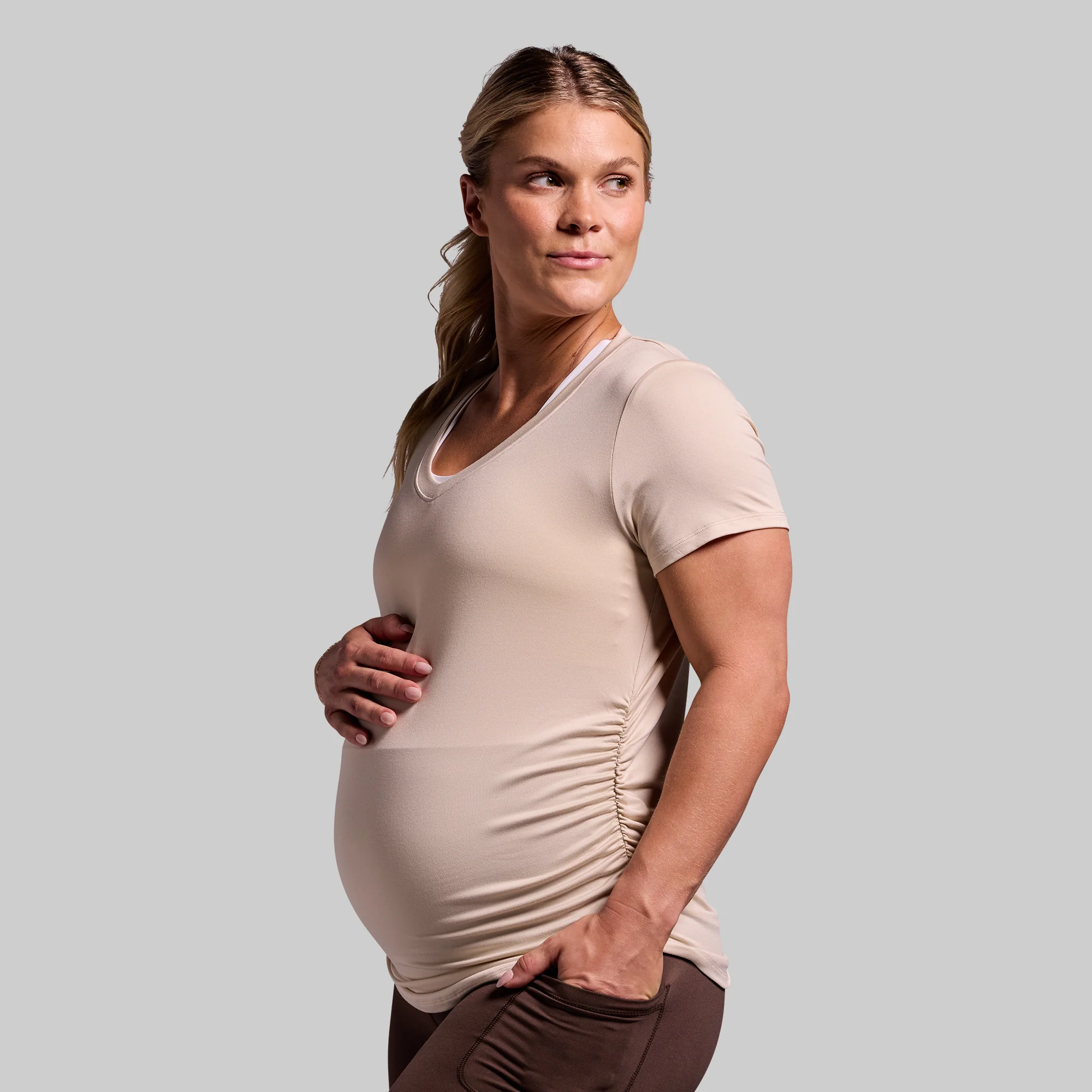 Maternity Athleisure Short Sleeve V-Neck (Oatmeal) - Image 4