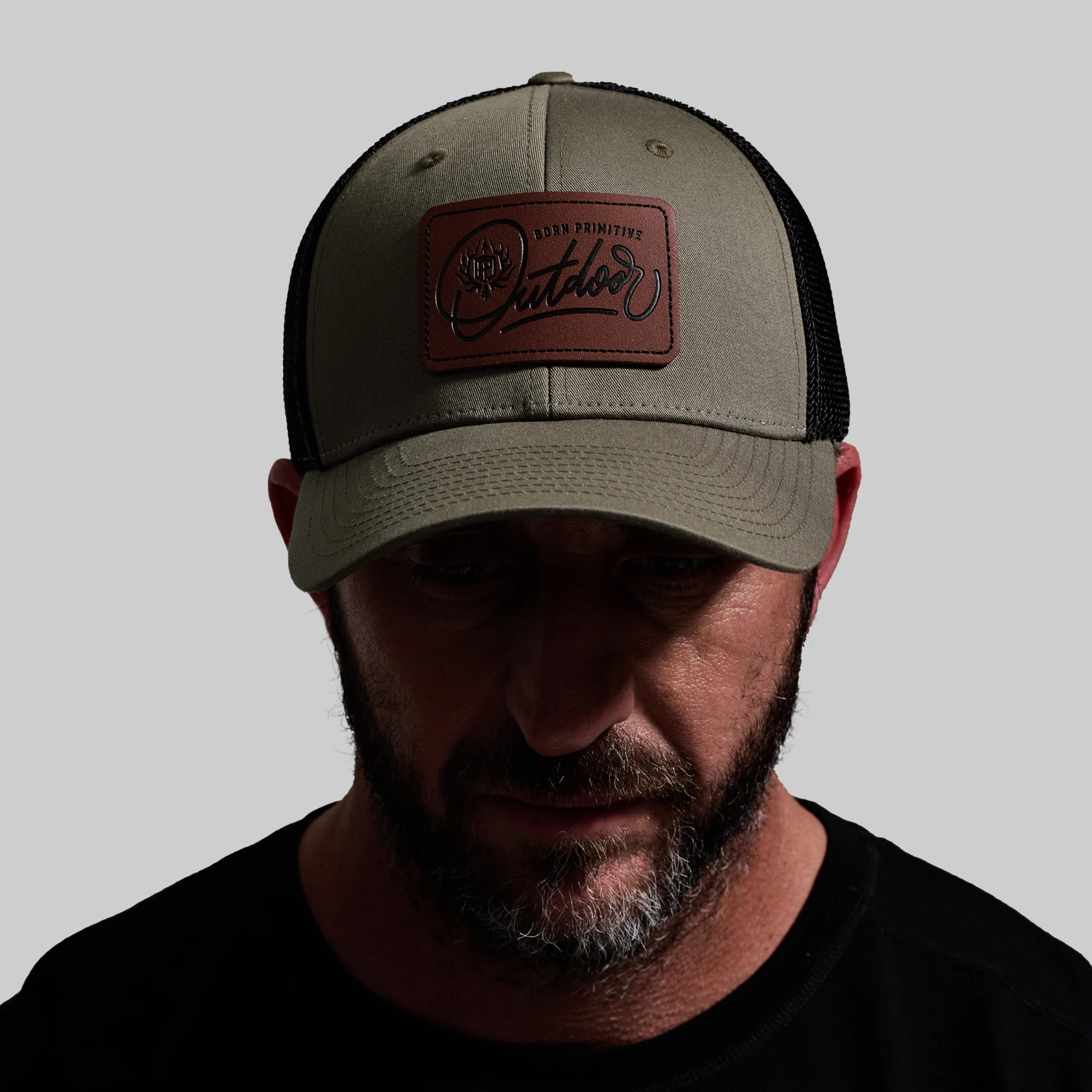 Outdoor Leather Patch FLEX Trucker Hat (OD Green/Black) - Image 3