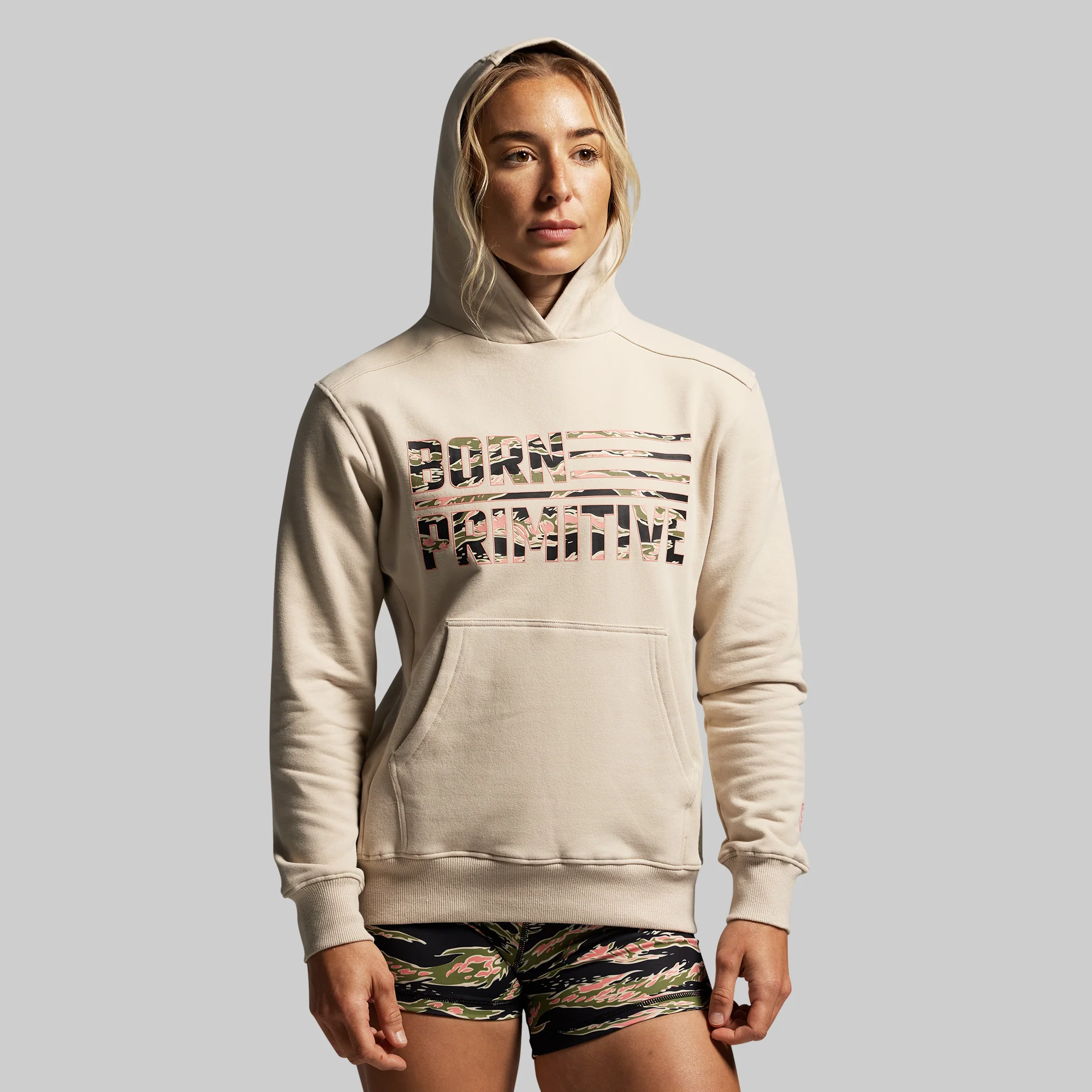 BP Flag Women's Unmatched Hoodie (Pumice/Pink Jungle Tiger) - Image 5